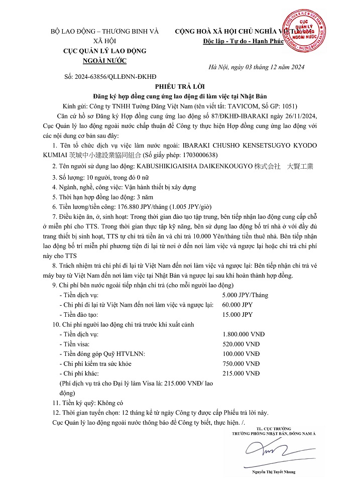 TTS NHẬT BẢN - CẦN 10 NAM VẬN HÀNH THIẾT BỊ XÂY DỰNG