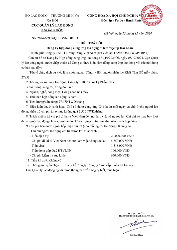 XKLĐ ĐÀI LOAN: Cần Tuyển 4 Nam - SX linh kiện cơ khí