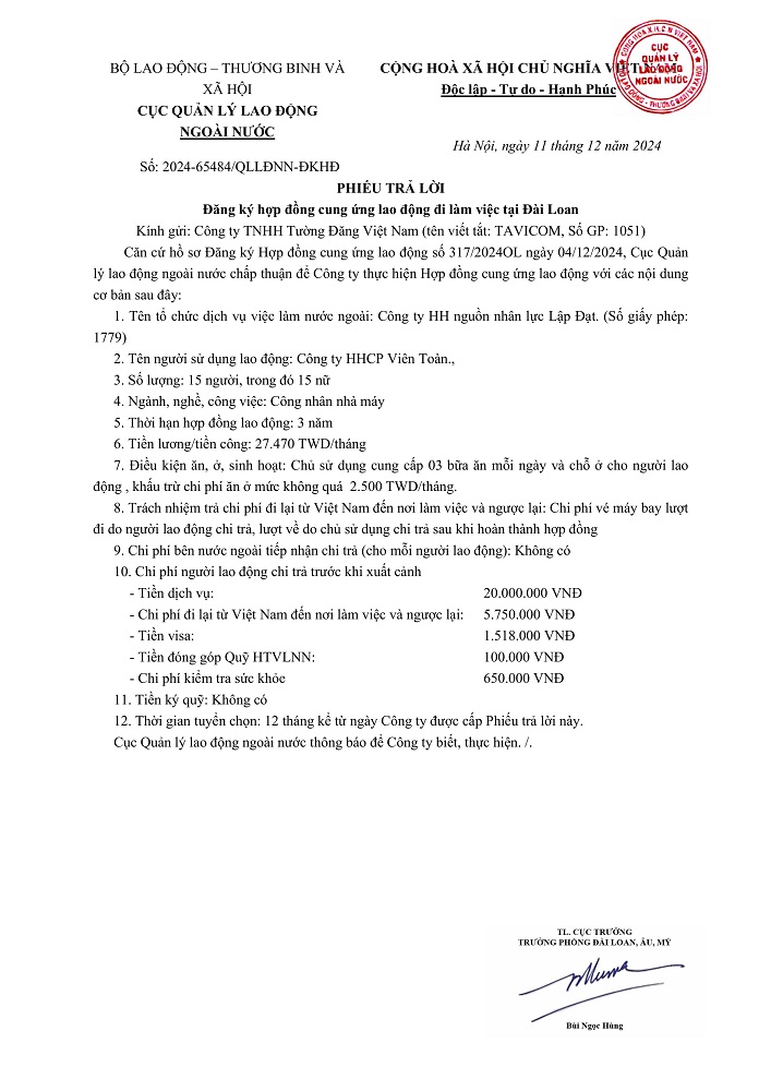 XKLĐ ĐÀI LOAN - CẦN 15 NỮ SX LINH KIỆN NHỰA ĐIỆN THOẠI